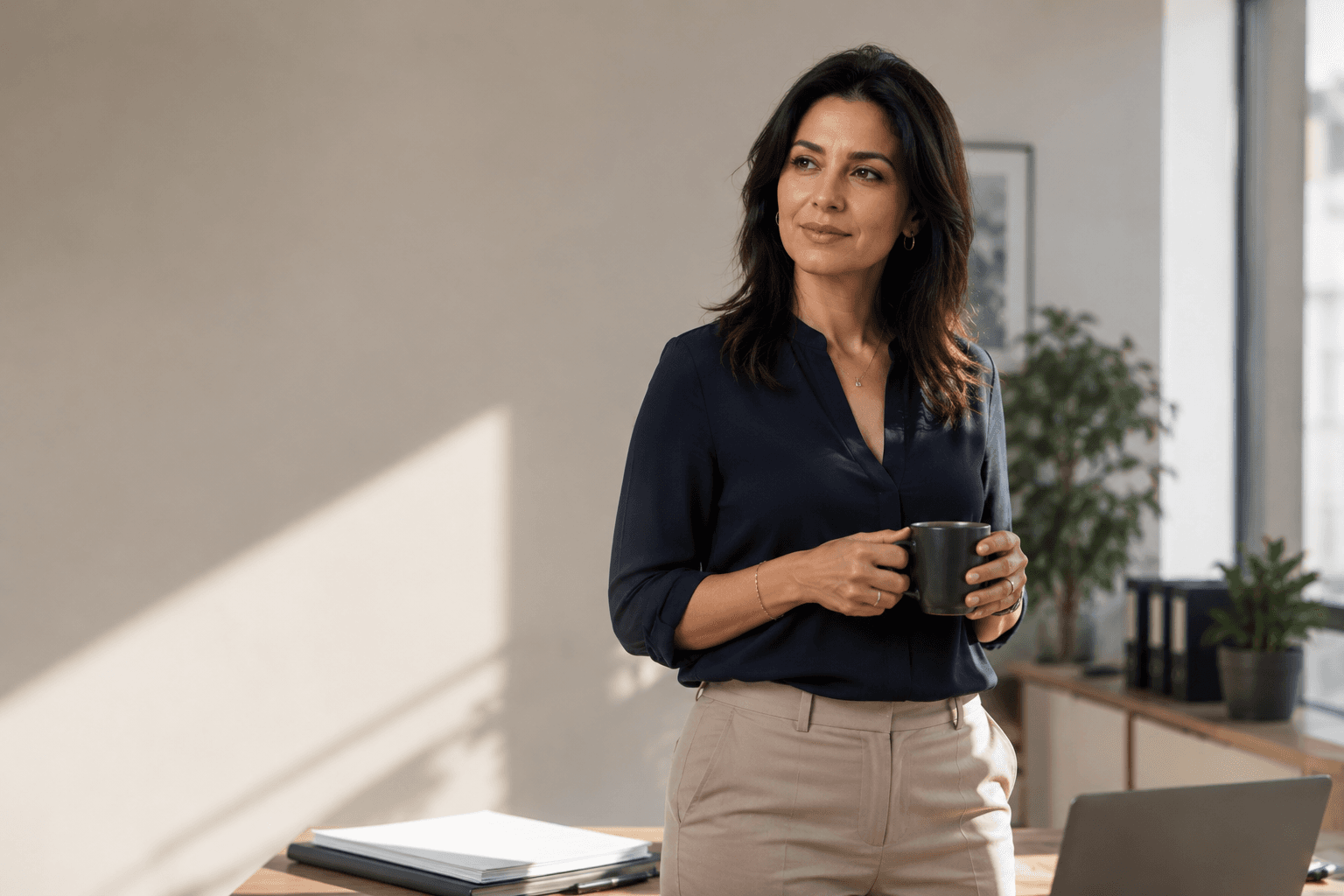 An accountant standing in a sunlit office holding a coffee, calm and approachable.