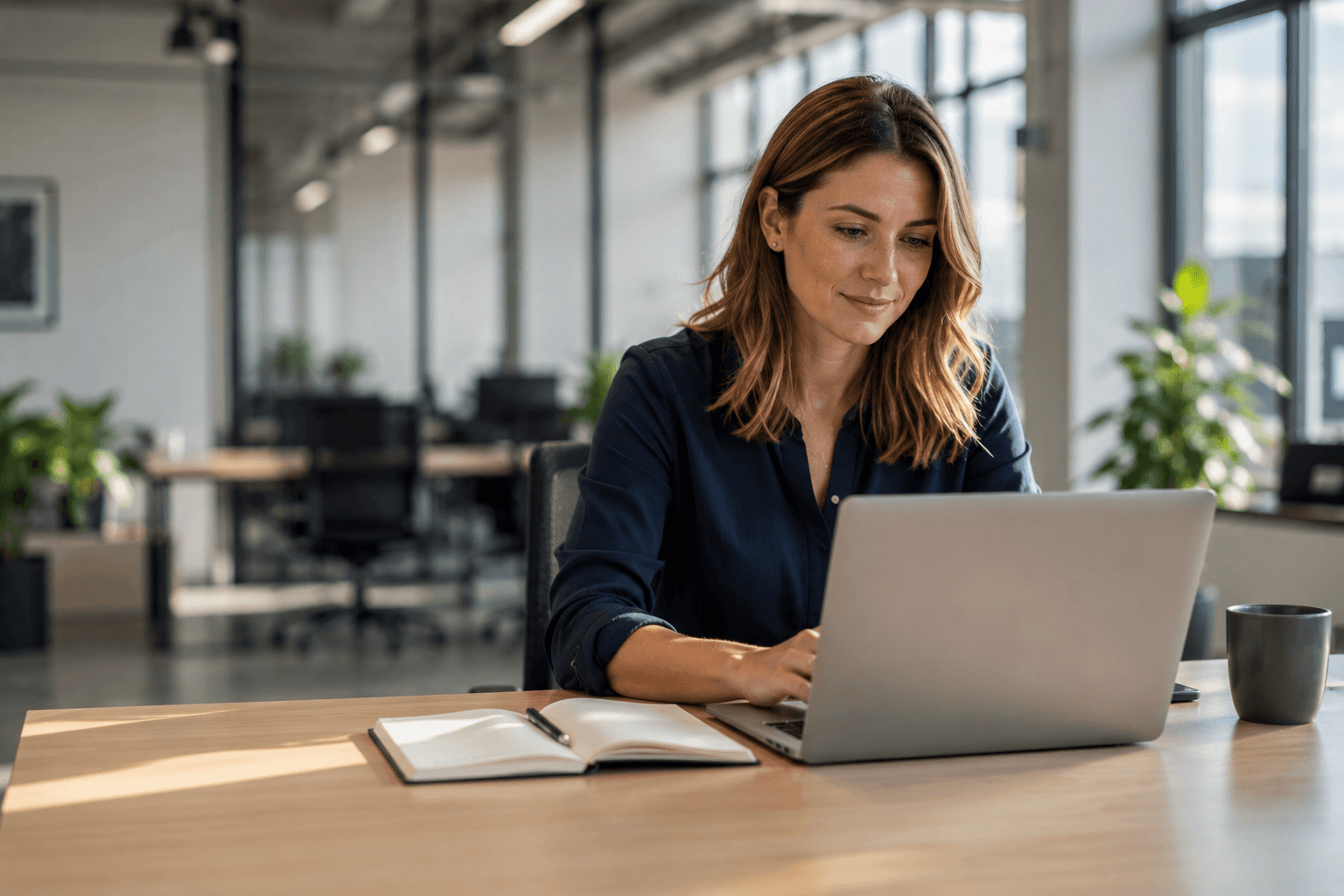 A financial analyst working at a laptop in an open-plan office, focused and unhurried.