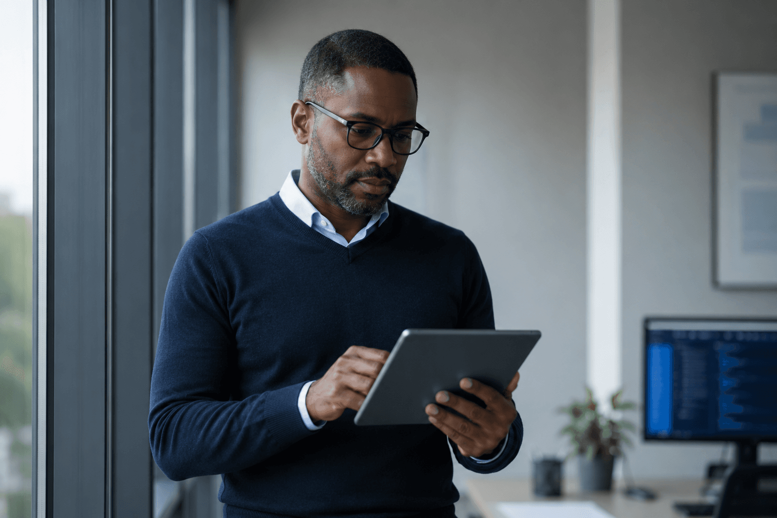 A security professional reviewing information on a tablet by a window, composed and credible.