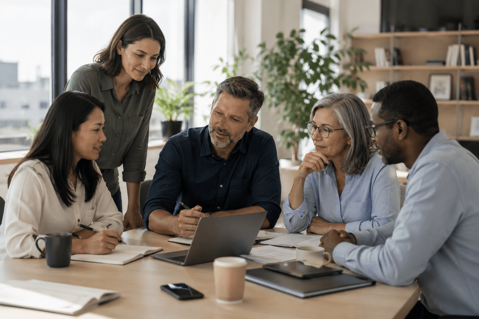 A diverse professional team in a calm working discussion around a table.