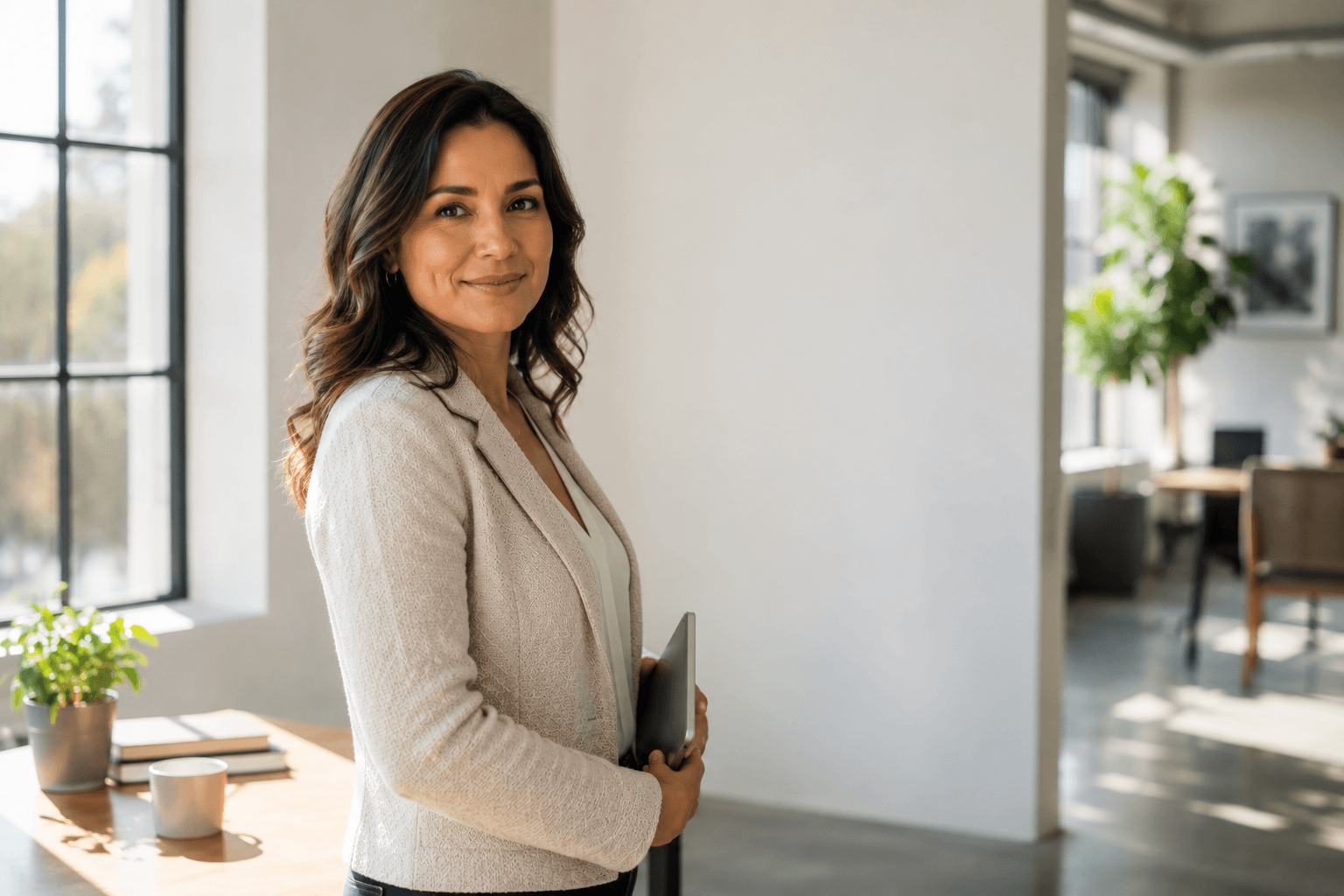 A finance professional turning toward the viewer with a warm, welcoming smile in a bright office.