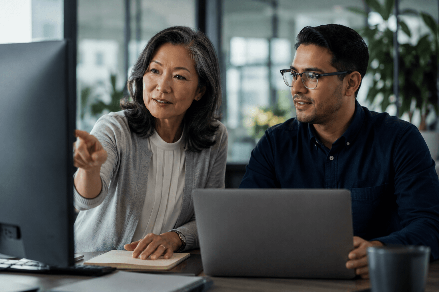Two finance colleagues reviewing a report together at a monitor and laptop, one pointing, calm and engaged in a bright office.