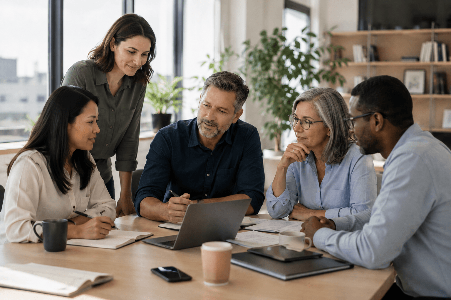 A diverse professional team in a calm working discussion around a table.